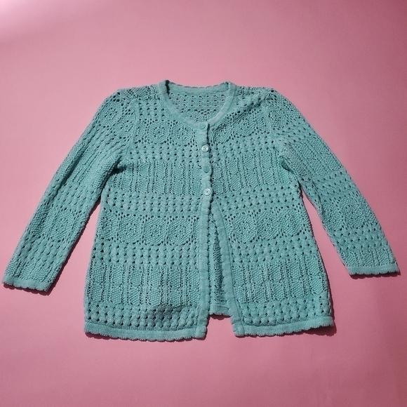 Vintage Sweaters - Vintage 1980s 80s Robin Egg Blue Knit Sweater Scalloped Hems